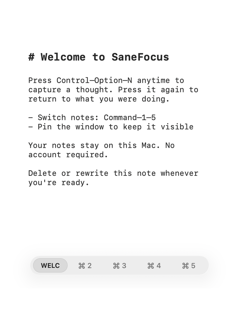 A welcome note in SaneFocus with five compact note slots along the bottom.